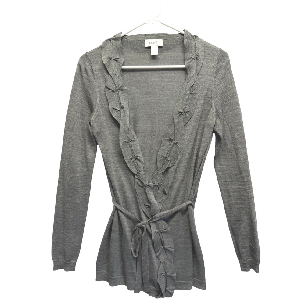 Ann Taylor Loft Grey Ruffle Wrap Cardigan Tie Waist Sweater Womens Size Small